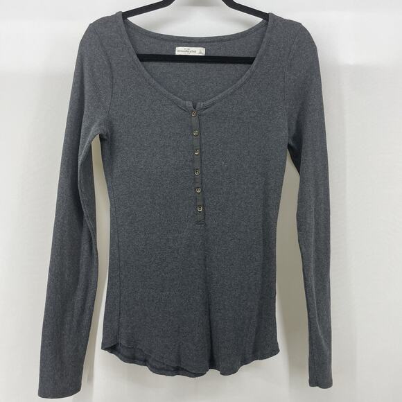 Abercrombie & Fitch Size L Ribbed Knit Henley Top Womens Shirt Gray Preppy Y2K - Picture 1 of 5